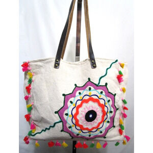 Twos Company Large Boho Ivory Canvas Multicolor Tassel Shoulder Tote Bag